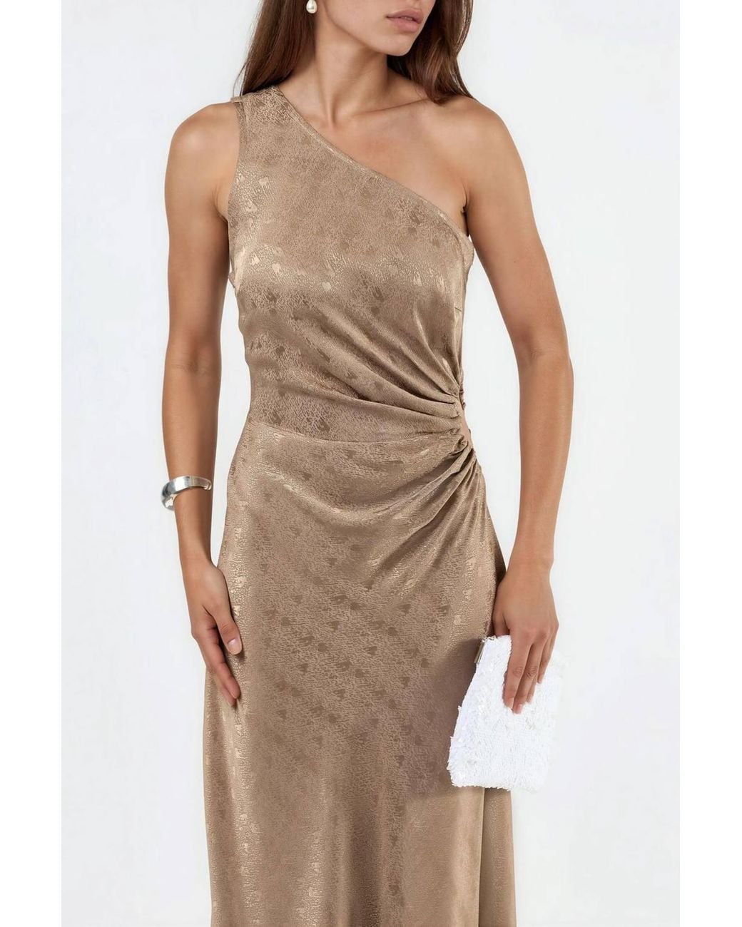 Hiccup Brown Patterned One-Shoulder Satin Dress With Cut-Out Detail