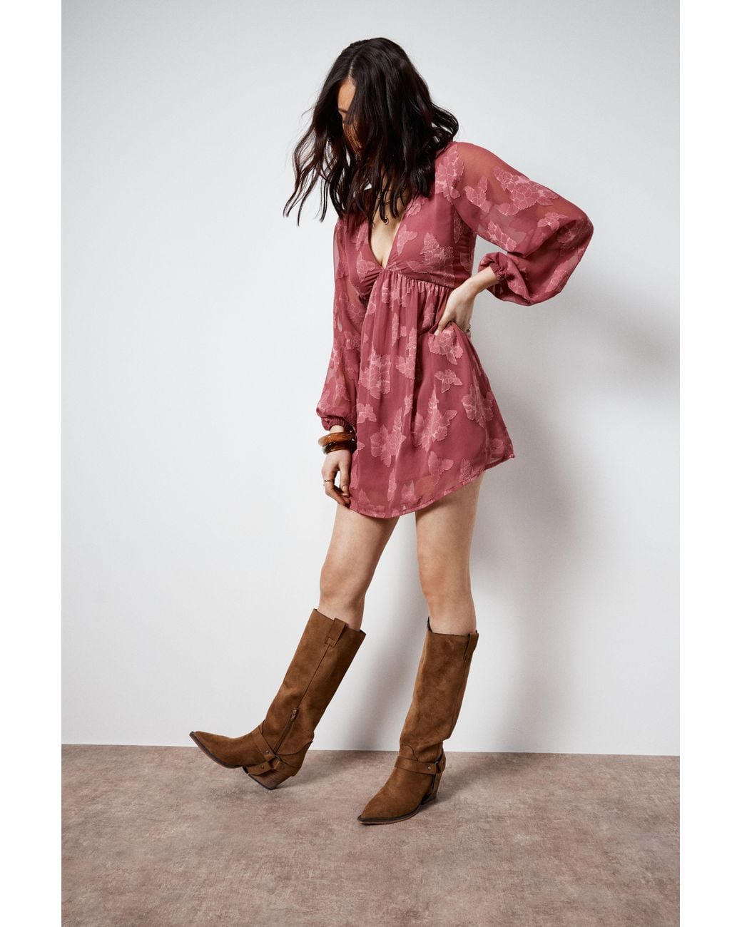 Nasty Gal Red Jacquard Plunge Balloon Sleeve Tie Back Mini Tunic Dress