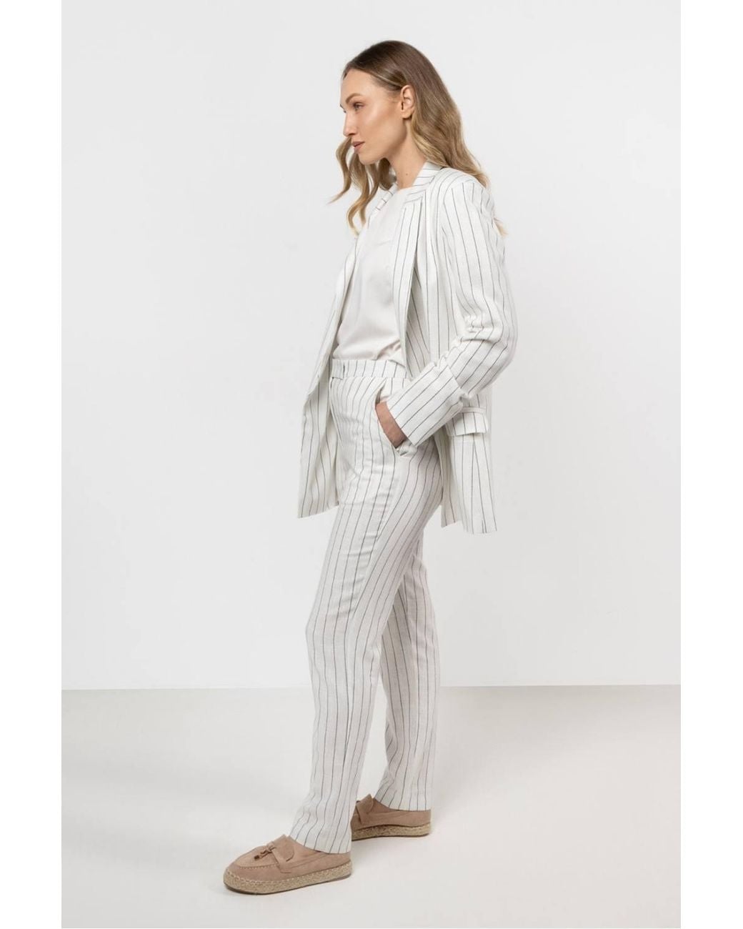 Love Lace Gray Linen Tapered Stripe Trousers With Button