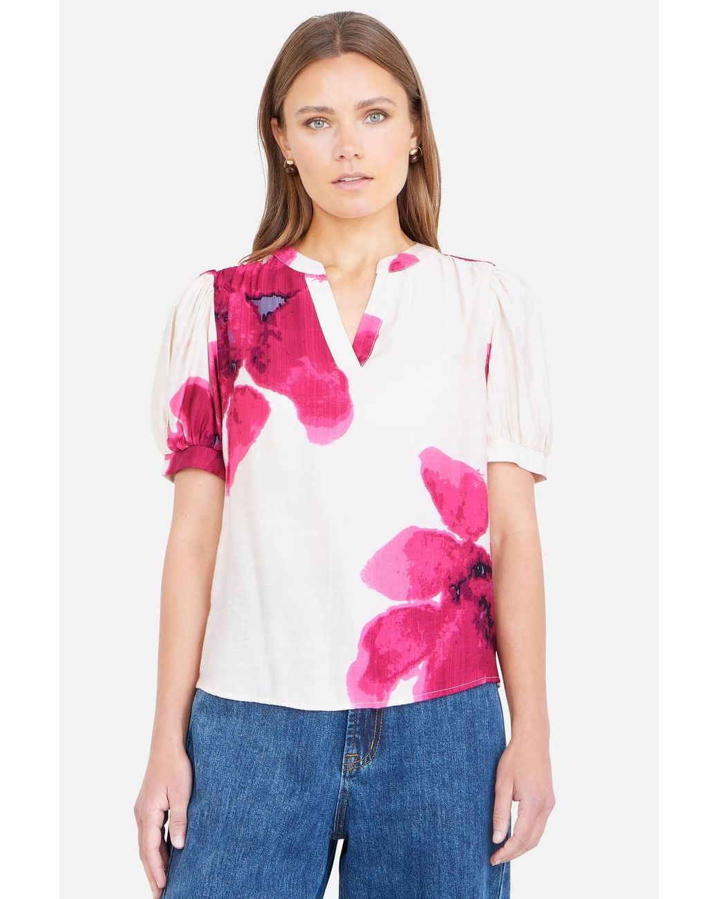 Yumi' Pink Watercolour Viscose Floral Top