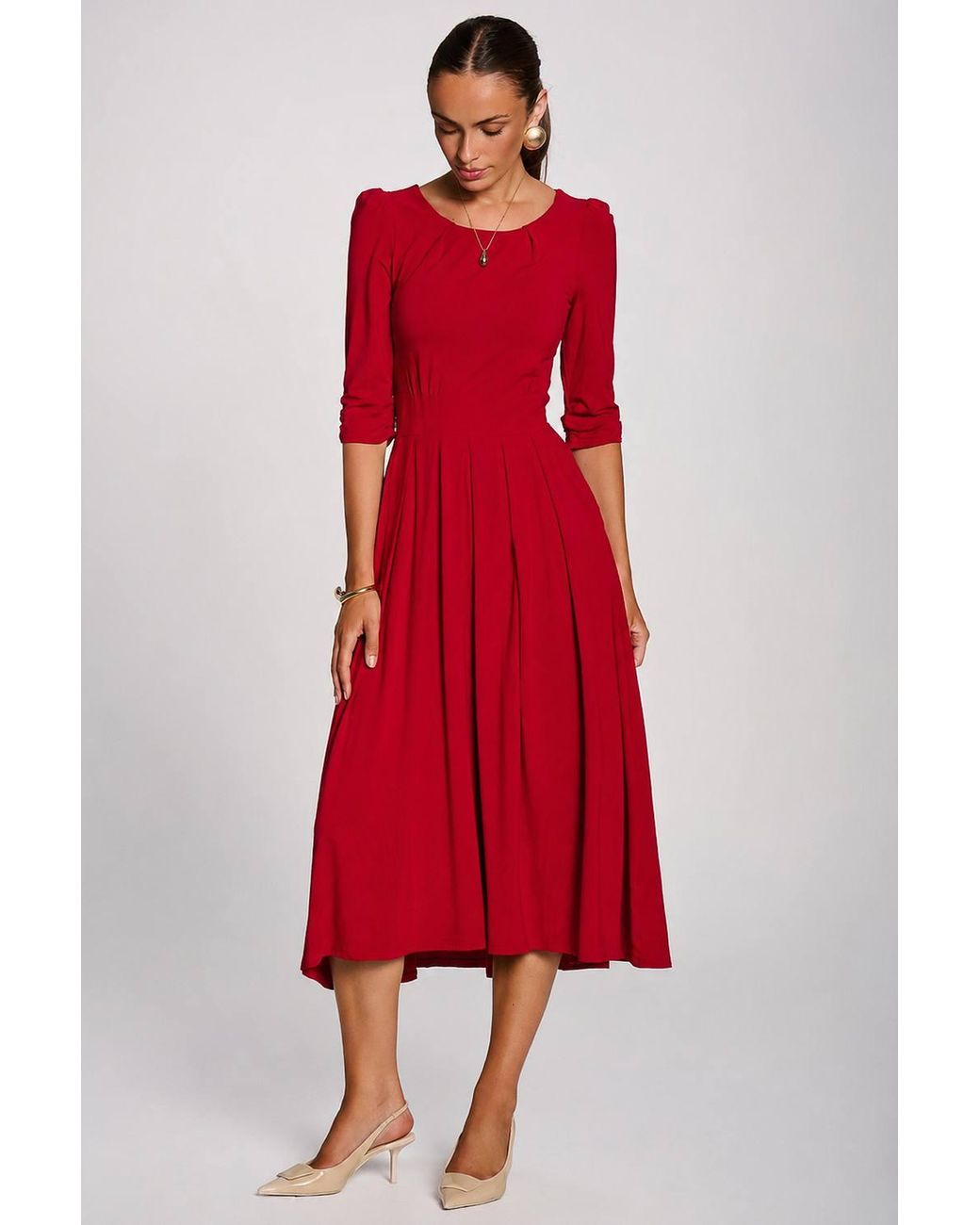 Jolie Moi Red 3/4 Sleeve Modal Viscose Midi Dress