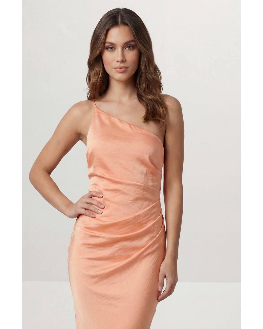 MissPap Orange Satin Asymmetric Strap Pleated Waist Low Back Maxi Dress