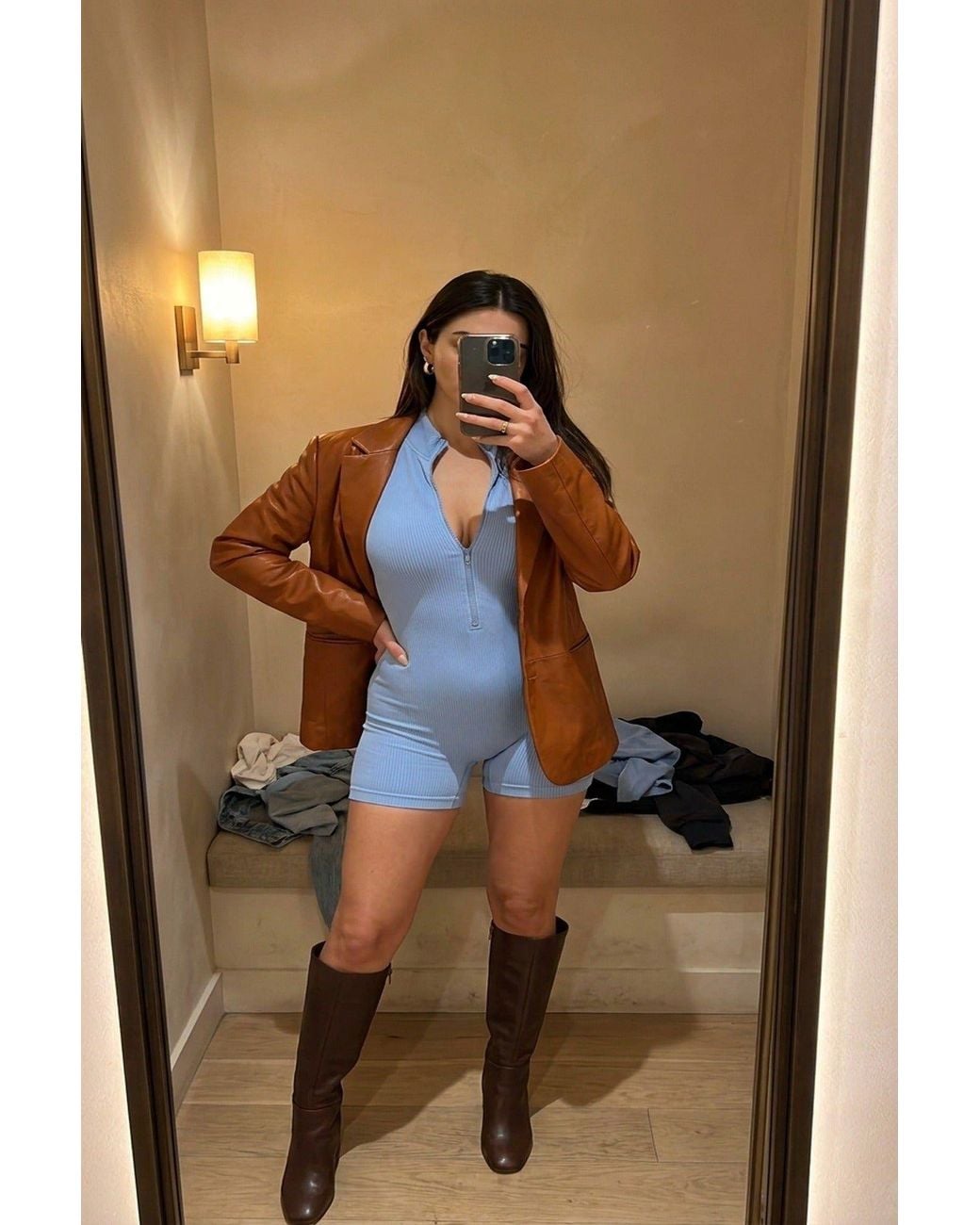 IKRUSH Blue Milena Rib Knit Zip Front Short Sleeve Playsuit