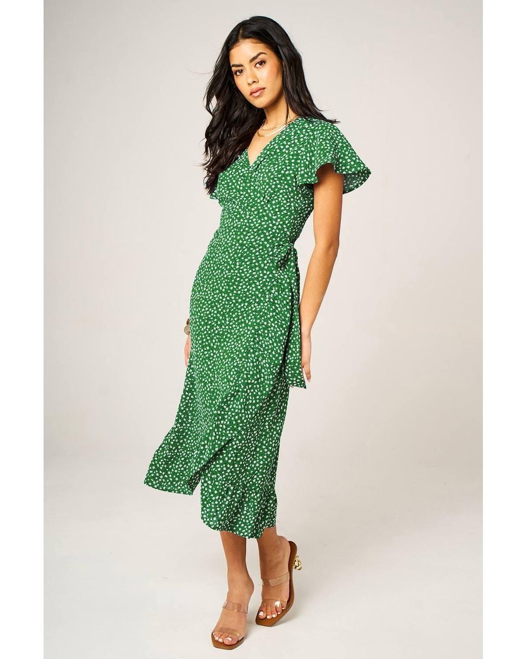 FS Collection Green Angel Sleeve Floral Wrap Midi Dress With Hem Frill Detail