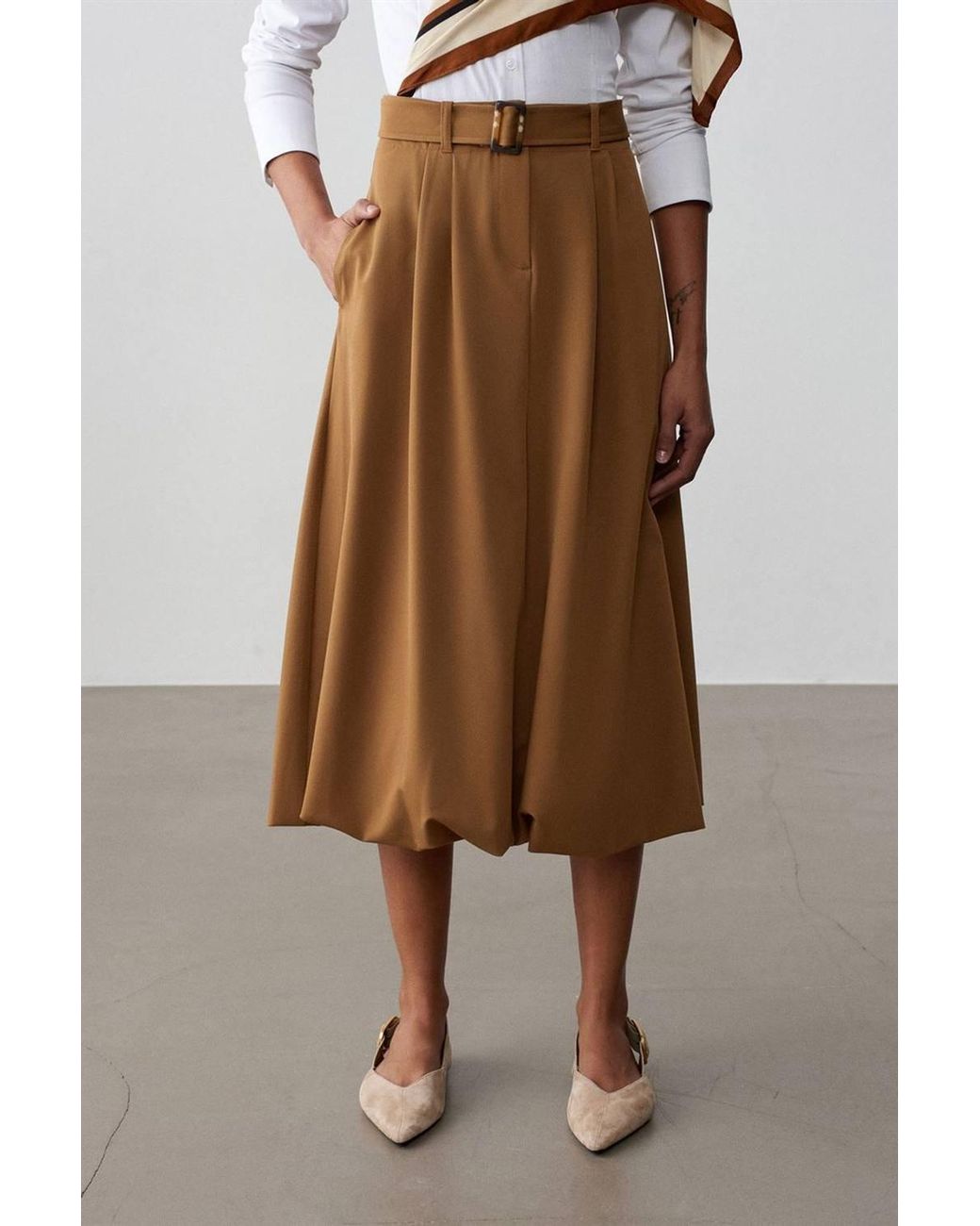 Dilvin Natural High-Waist Belted Midi Balloon Skirt