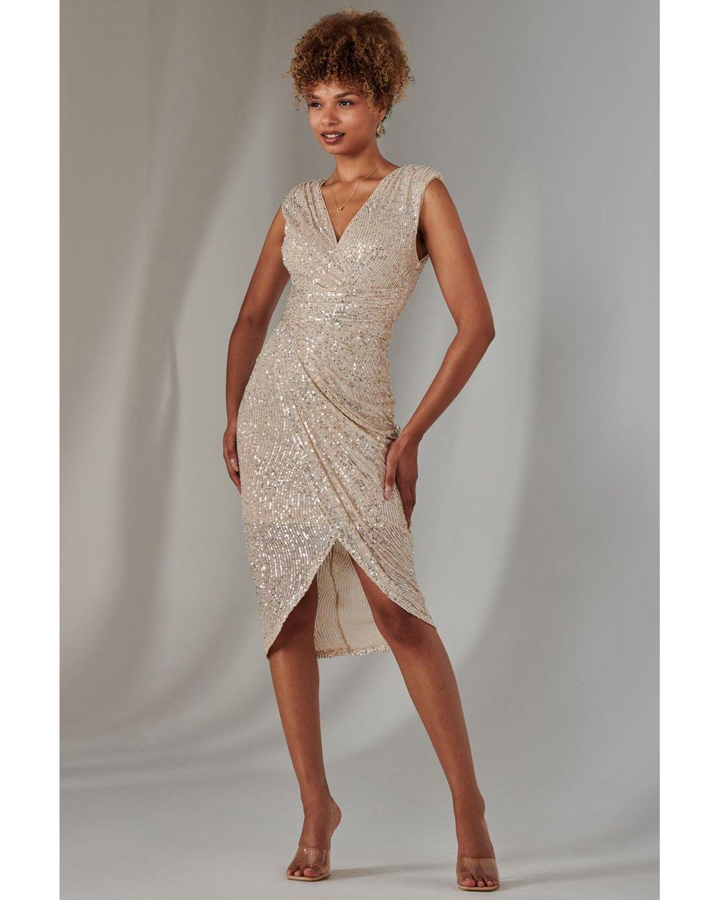 Jolie Moi Natural Aisla Ruched Sequin Bodycon Dress