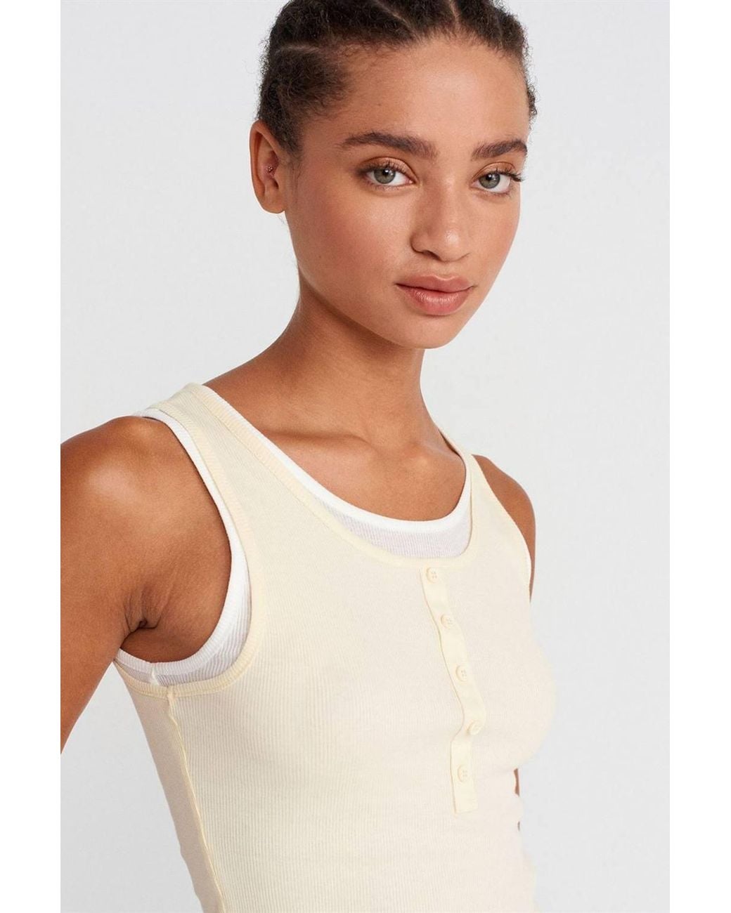 Dilvin Blue Cotton Ribbed Sleeveless Button Blouse