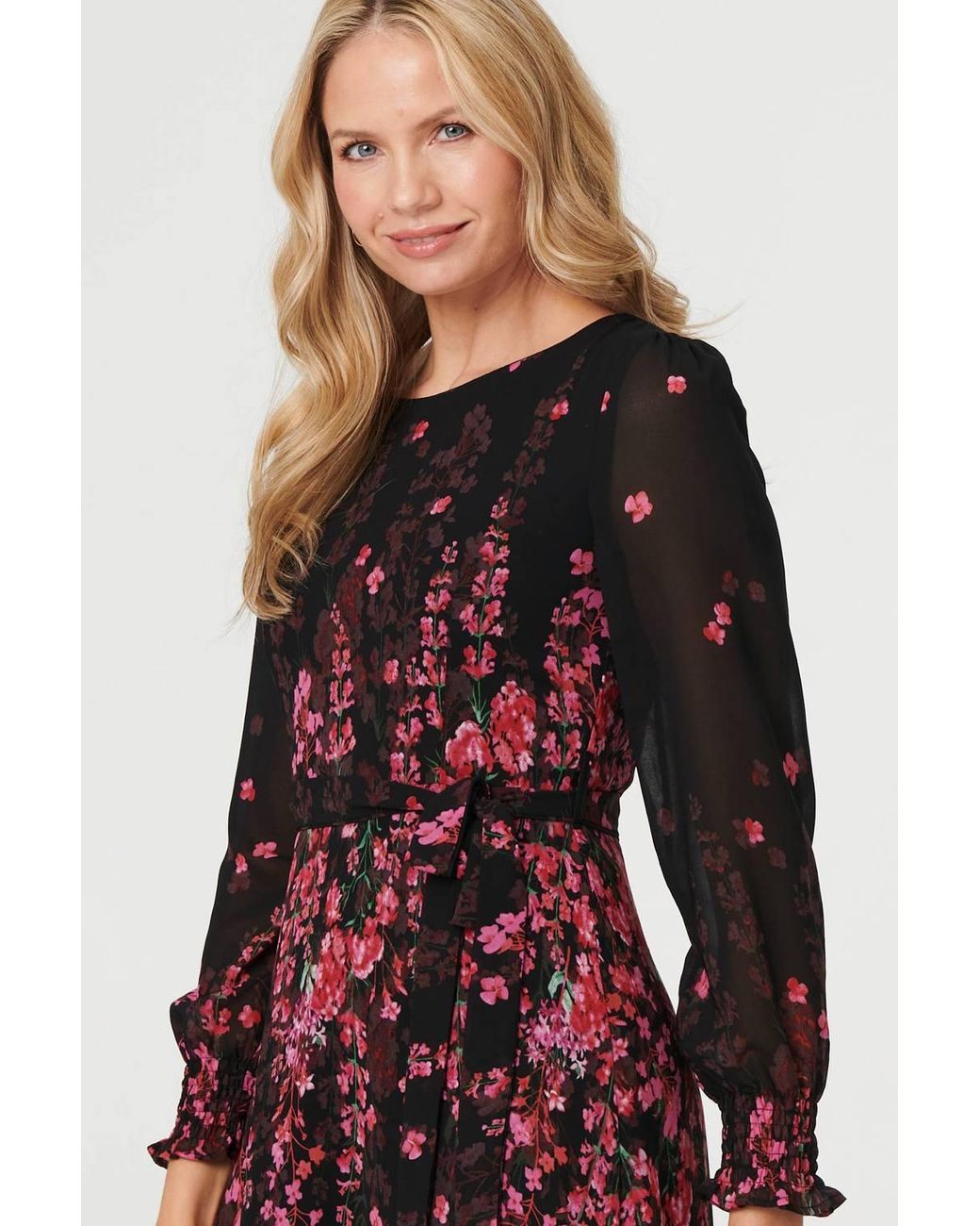 Izabel London Black Floral Tie Waist Sheer Layer Maxi Dress