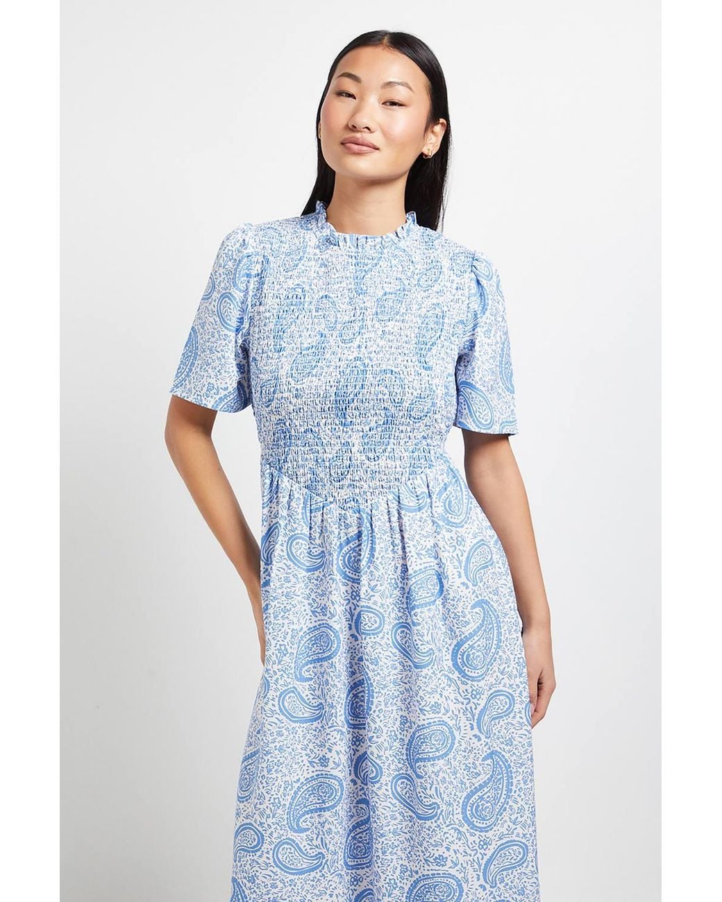 Dorothy Perkins Blue Petite Paisley Shirred Bodice Drop Waist Midi Dress