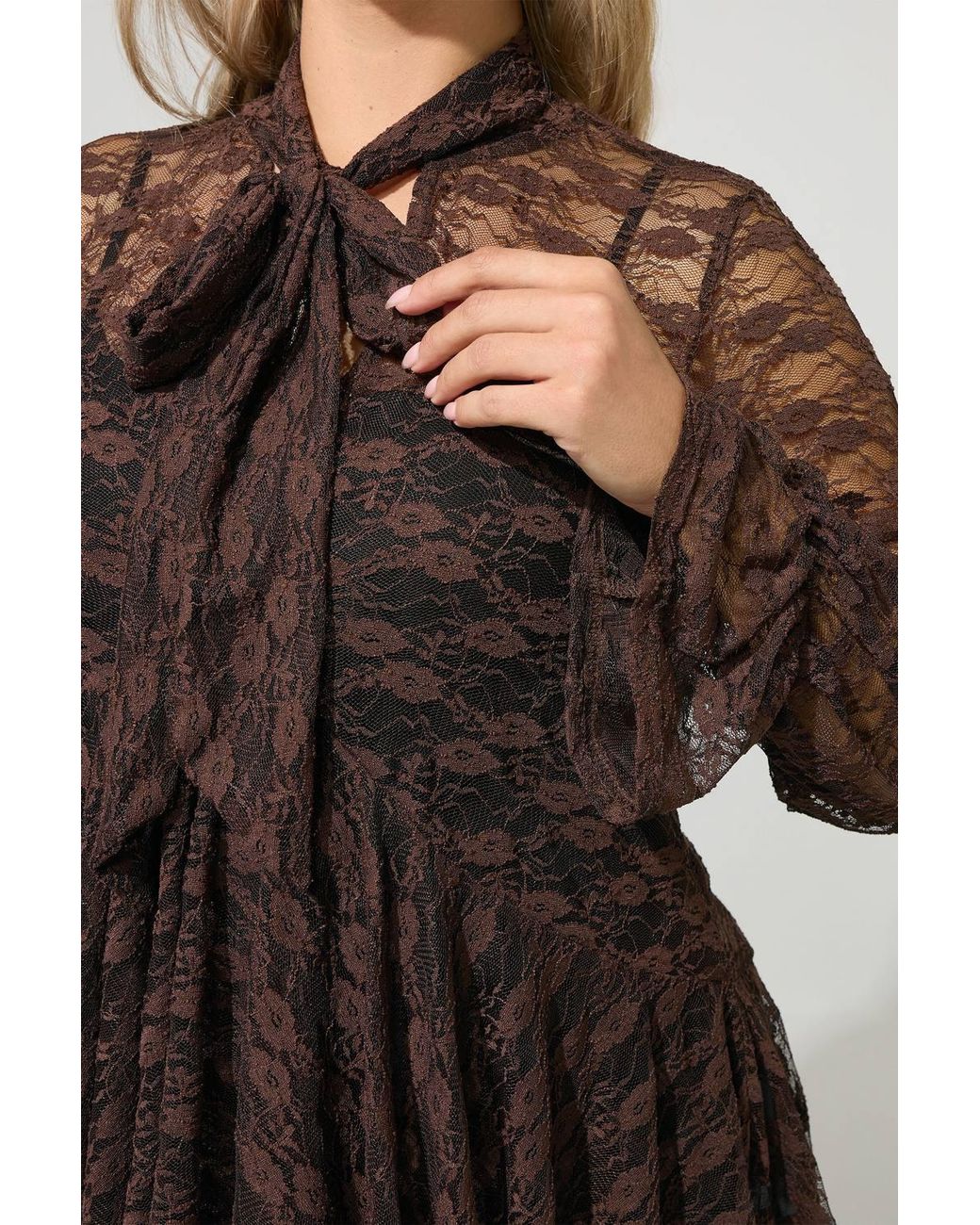 Yours Brown Flared Lace Peplum Tie Neck Blouse