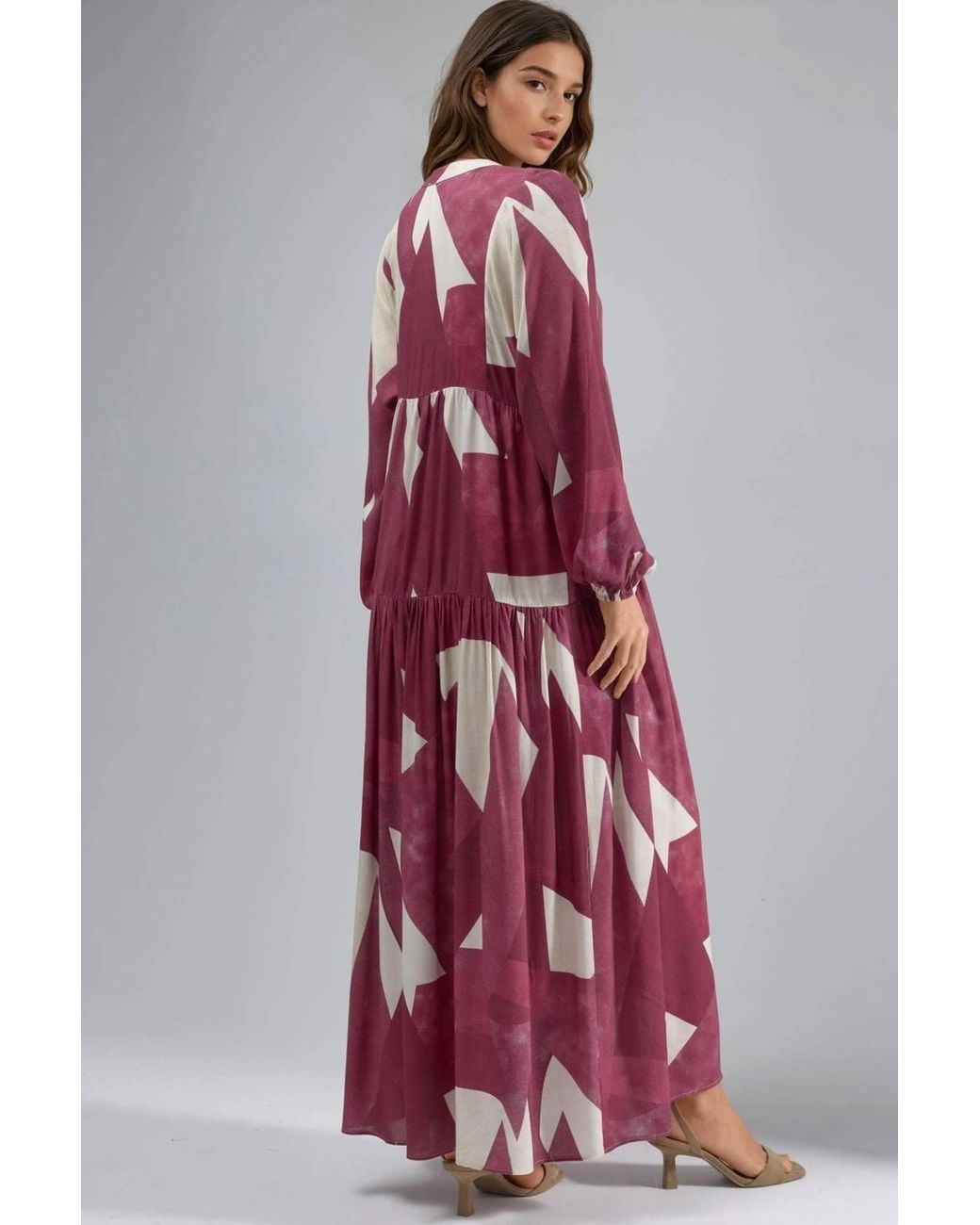 Hiccup Red Printed Long Sleeve Viscose Maxi Dress