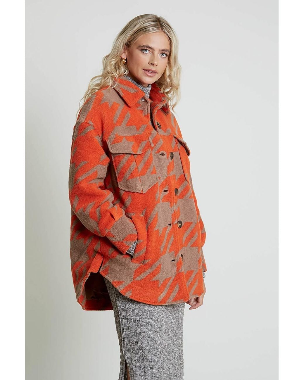 Native Youth Red Houndstooth Print Brushed Button Shacket