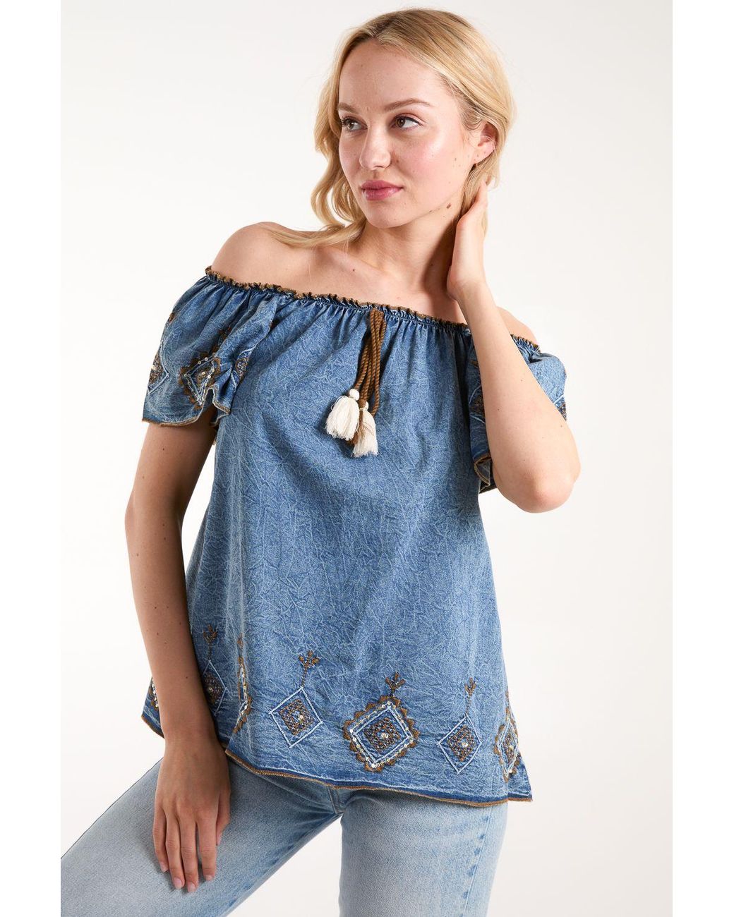 Blue Vanilla Blue Denim Embroidered Bardot Top