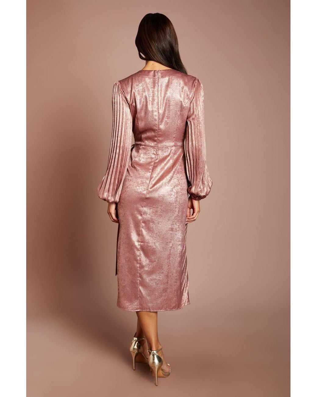 Coast Brown Metallic Blouson Sleeve Tie Wrap Pleated Midi Dress