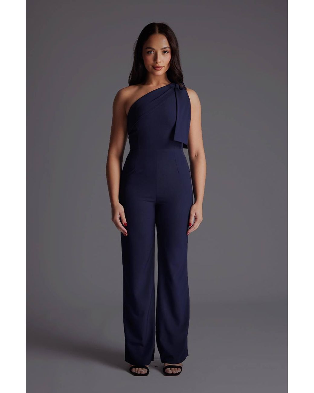 Vesper Blue Petite One Shoulder Wide Leg Jumpsuit