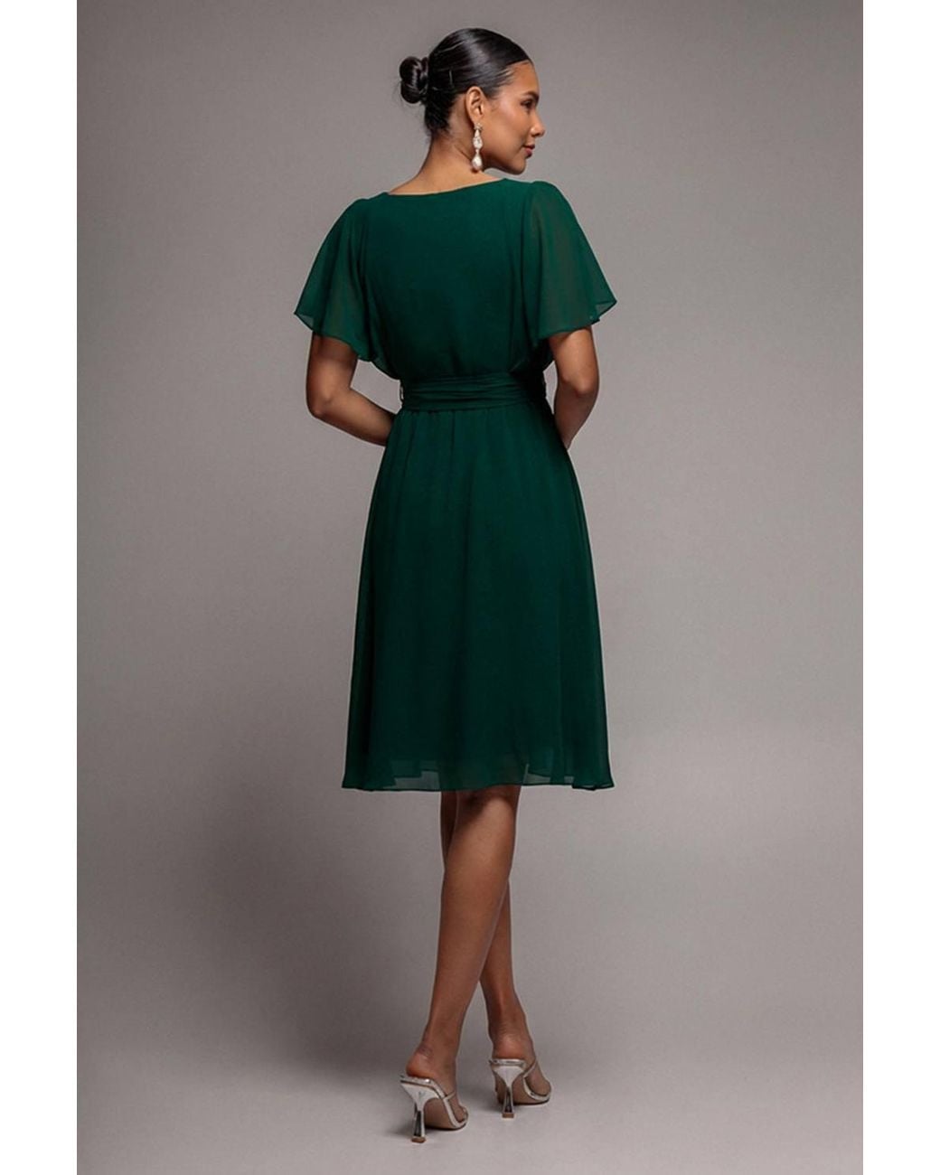 Goddiva Green Chiffon Flutter Sleeve Wrap Midi Dress