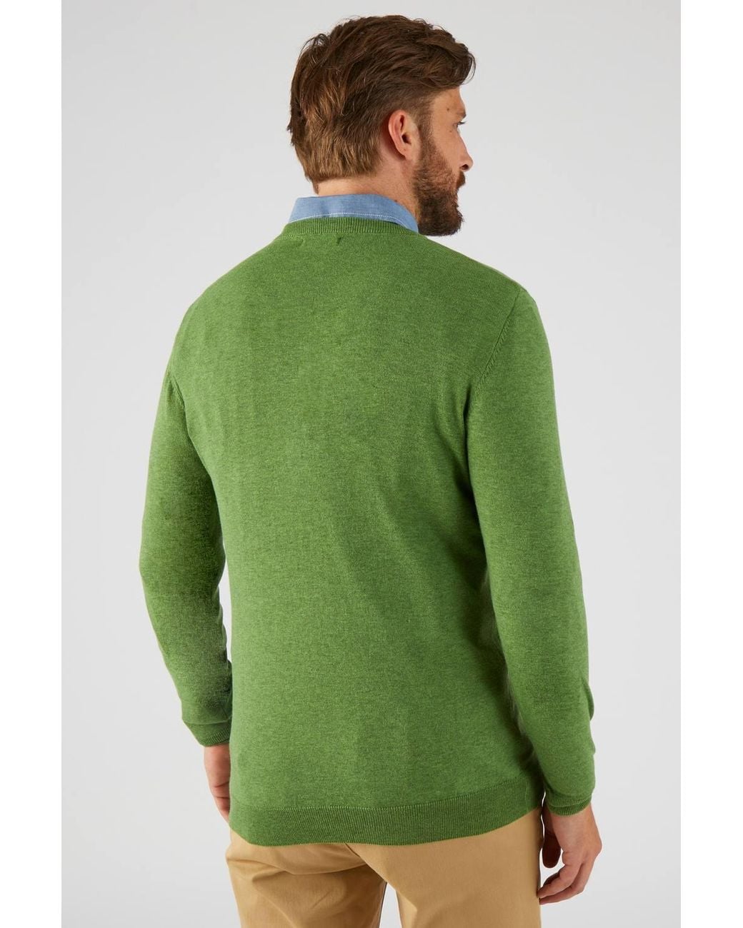DAMART Green V-Neck Jumper Cotton Blend Regular Fit Long Sleeve for men