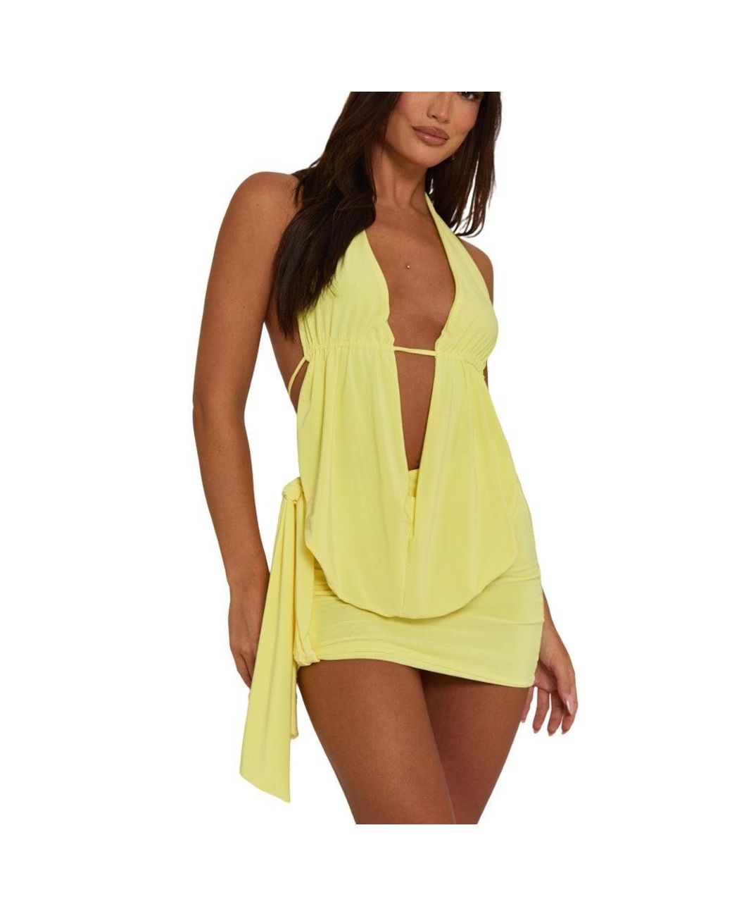 Rebellious Fashion White Lama Plunge Neck Cowl Detail Top & Mini Skirt Co-Ord Set