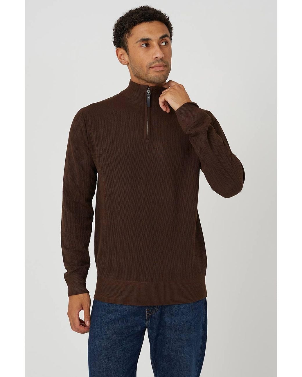 Brave Soul Brown Funnel Neck Quarter Zip Knitted Jumper for men