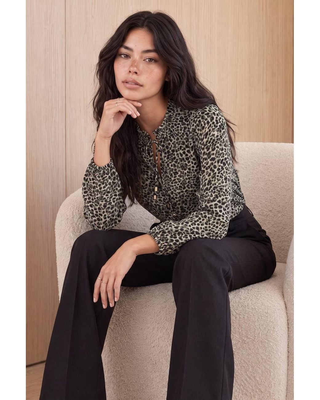 Style Cheat Gray Animal Print Tie Blouse