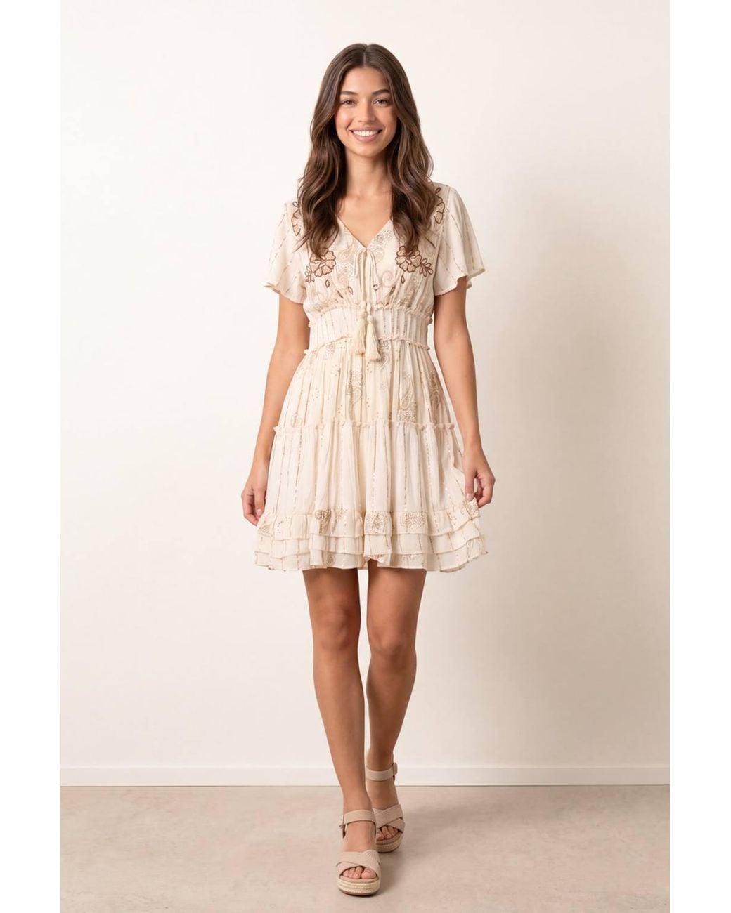 Blue Vanilla Natural Shirred Waist Short Sleeve V-Neck Mini Dress