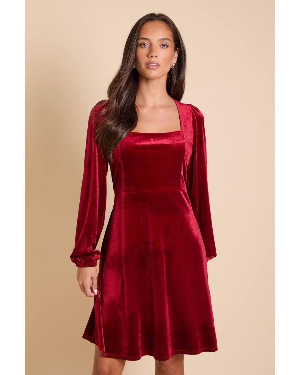 Dorothy Perkins Red Square Neck Blouson Sleeve Velvet Mini Dress
