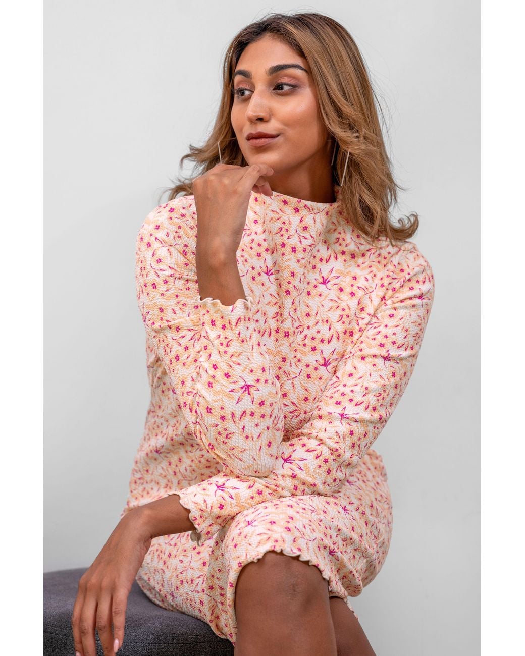 Enorsia Pink Floral Long Sleeve Jersey Mini Dress