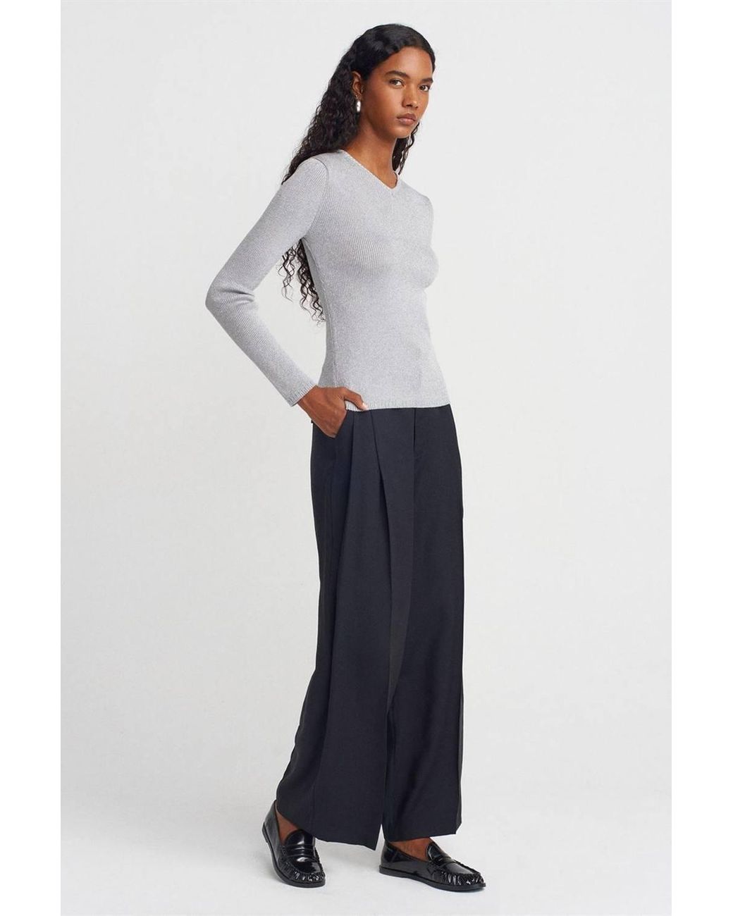 Dilvin Gray Slim Fit V-Neck Ribbed Sweater