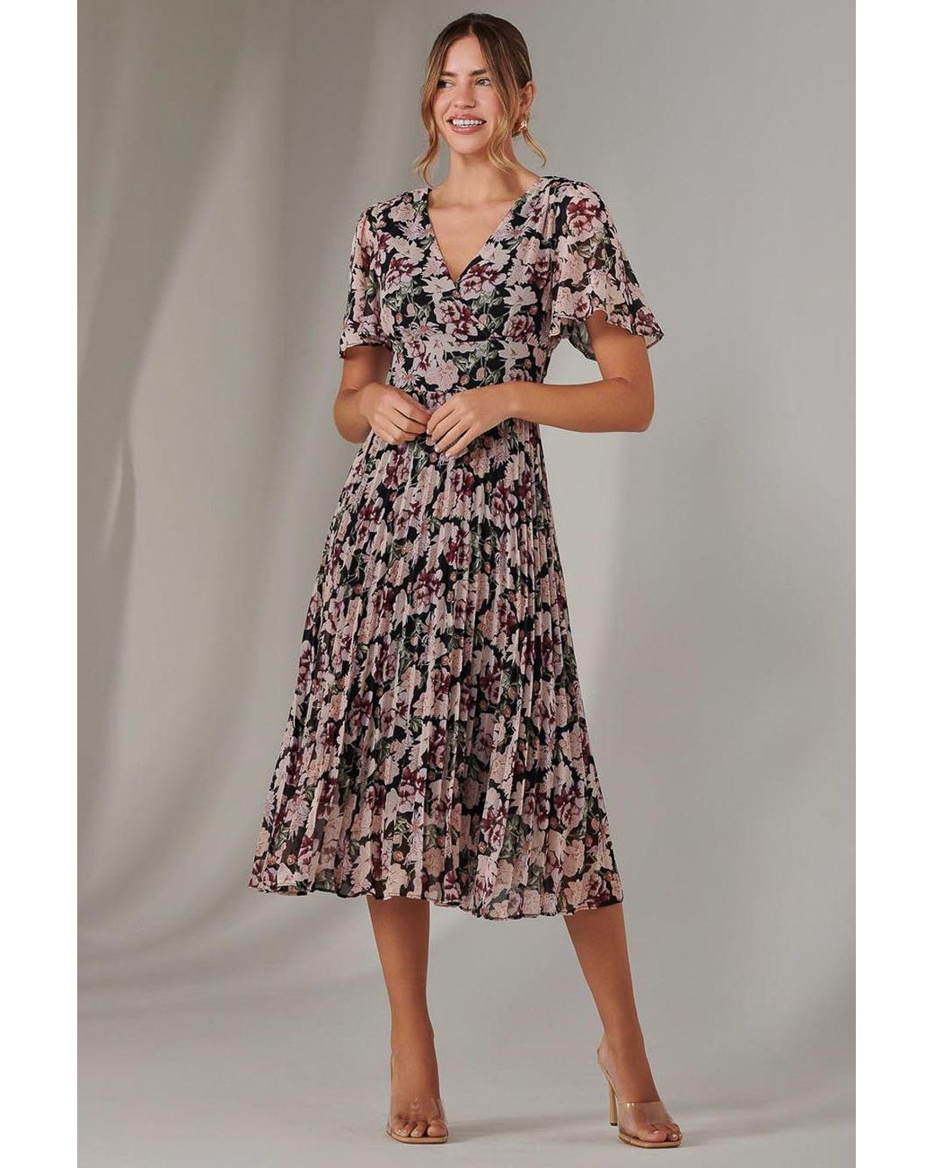 Jolie Moi Black Chiffon Pleated Wrap Midaxi Dress