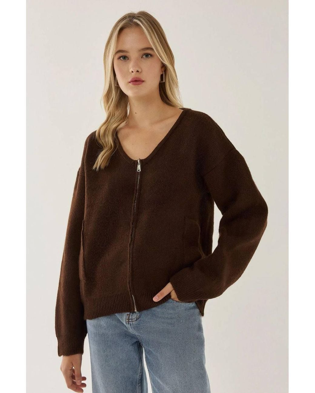 Hiccup Brown Zippered Knitwear Cardigan