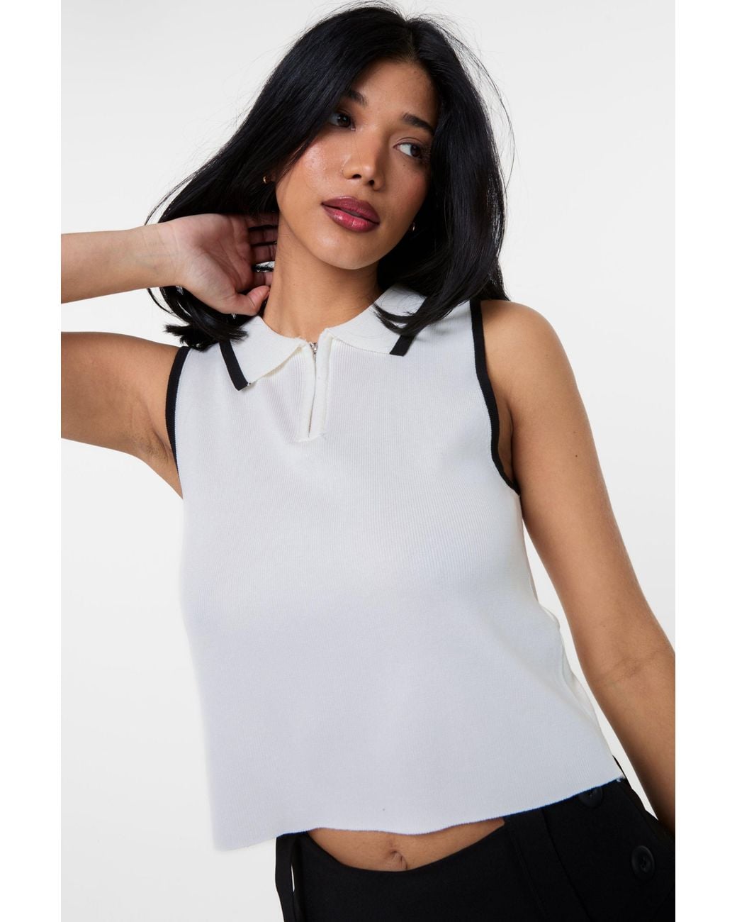Pink Vanilla White Half Zip Crop Polo Top With Contrast Piping