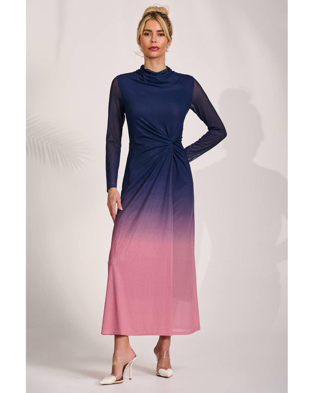 Jolie Moi Pink Petite Long Sleeve Mesh Maxi Dress