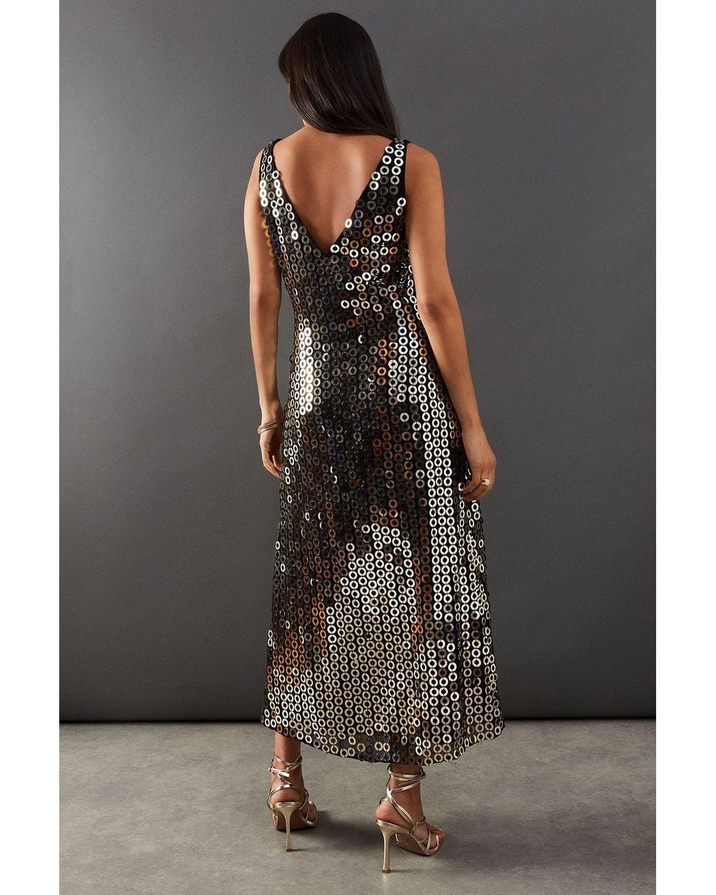 Warehouse Black Hand Embellished Disk Sequin High Apex Midi Dress