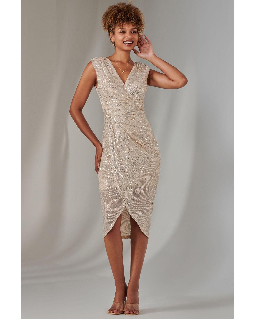 Jolie Moi Natural Aisla Ruched Sequin Bodycon Dress