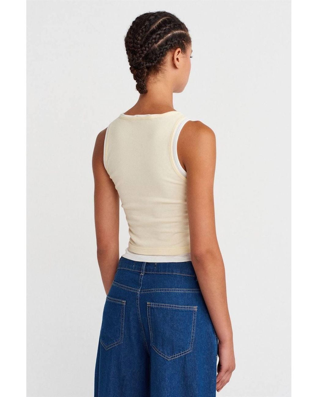 Dilvin Blue Cotton Ribbed Sleeveless Button Blouse