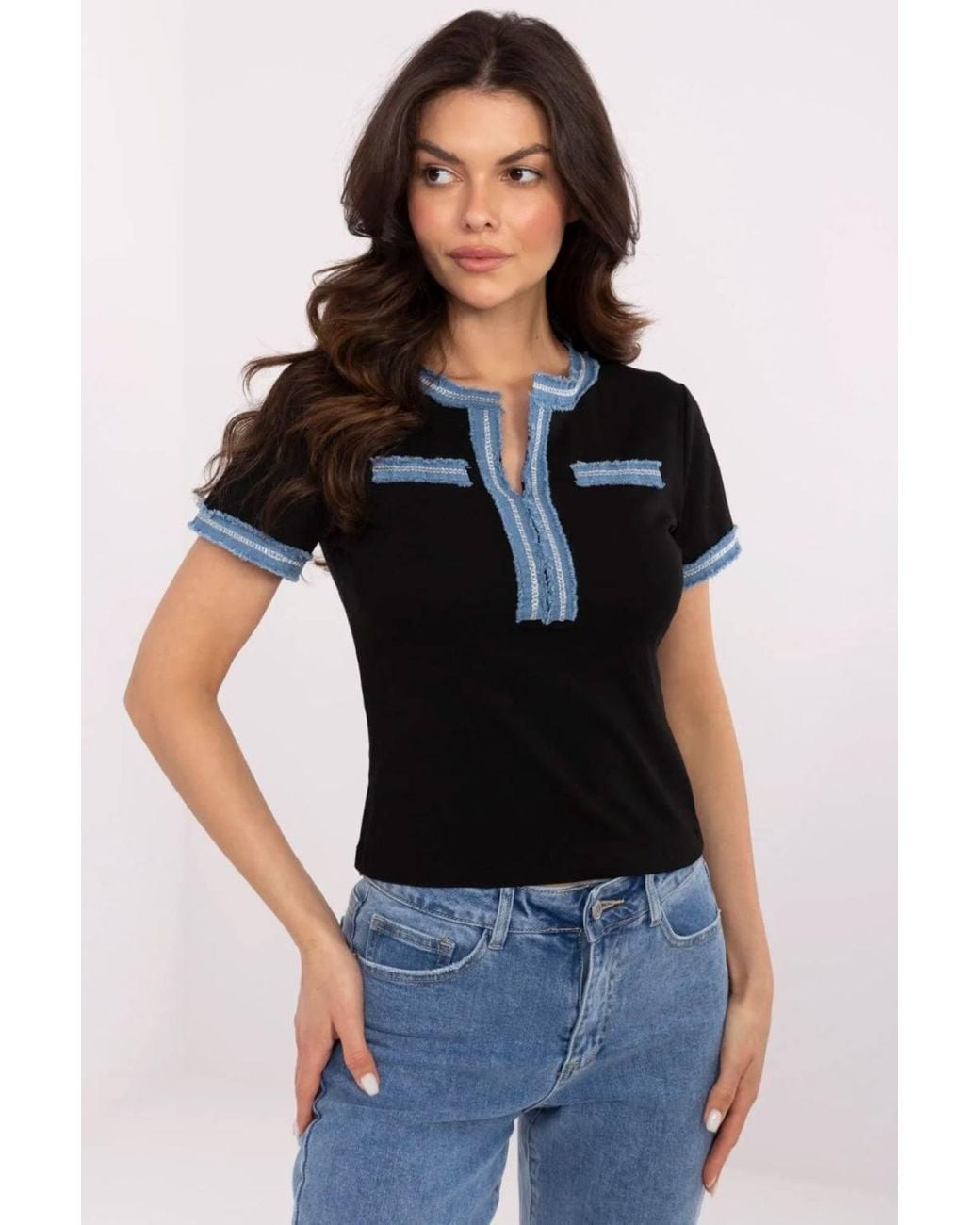 Love Lace Black Fitted Cotton Elastane V Neck Blouse With Denim
