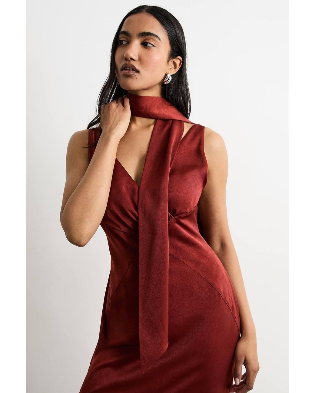 Warehouse Red Plain Scarf Detail Tie Neck Maxi Dress