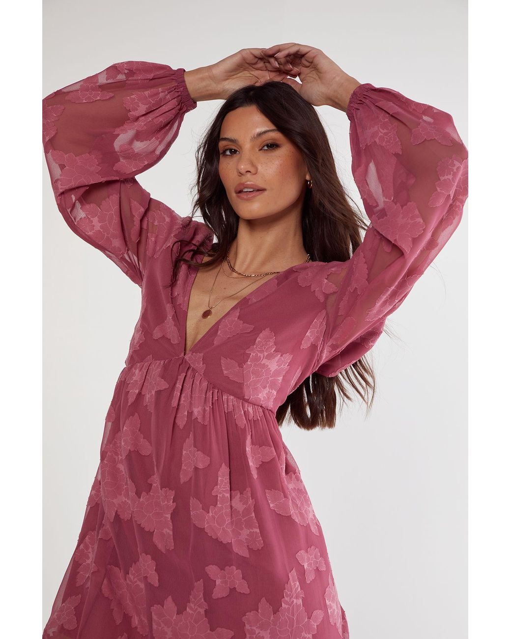 Nasty Gal Red Jacquard Plunge Balloon Sleeve Tie Back Mini Tunic Dress