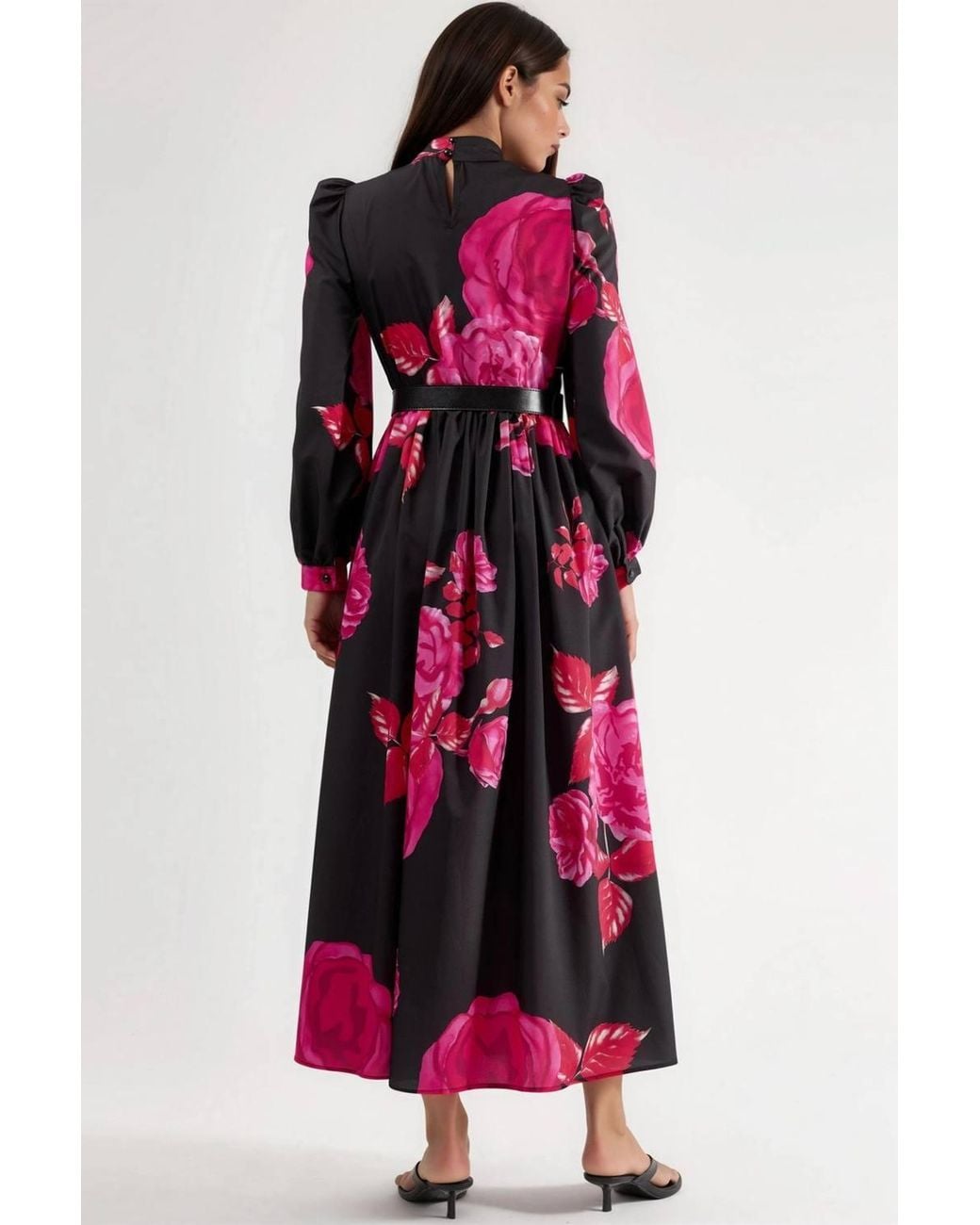Msn-Collection Red Floral Belted Maxi Dress With Half Turtleneck