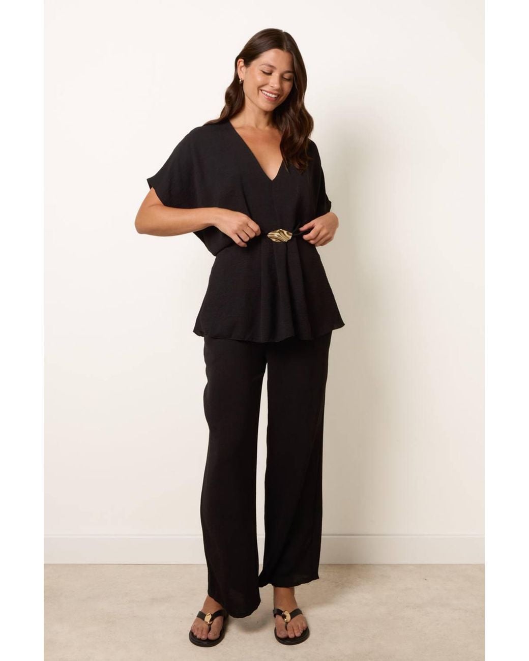 Blue Vanilla Black Elasticated Waist Short Sleeve V-Neck Top