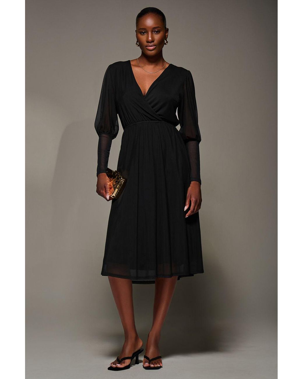 Jolie Moi Black Mesh Long Puff Sleeve Wrap Midi Dress