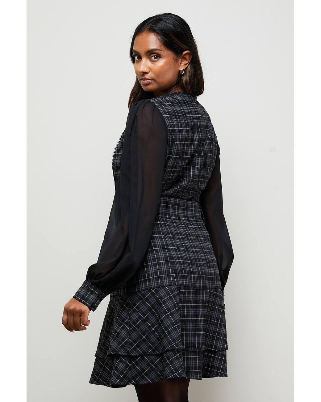 Oasis Blue Checked Belted Balloon Sleeve Flippy Mini Dress