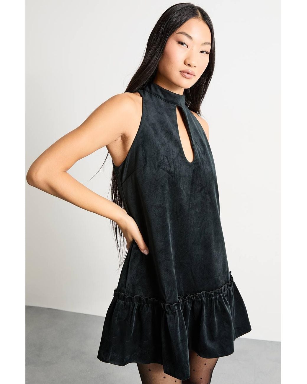 Warehouse Black Petite Bonded Velvet High Neck Mini Dress