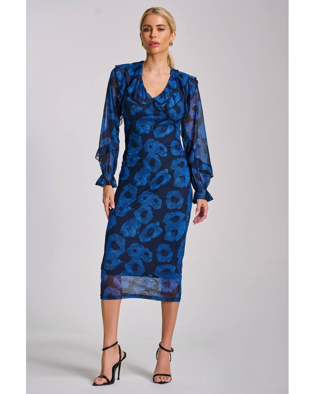 Jolie Moi Blue Long Sleeve Ruffle Detail Mesh Bodycon Dress
