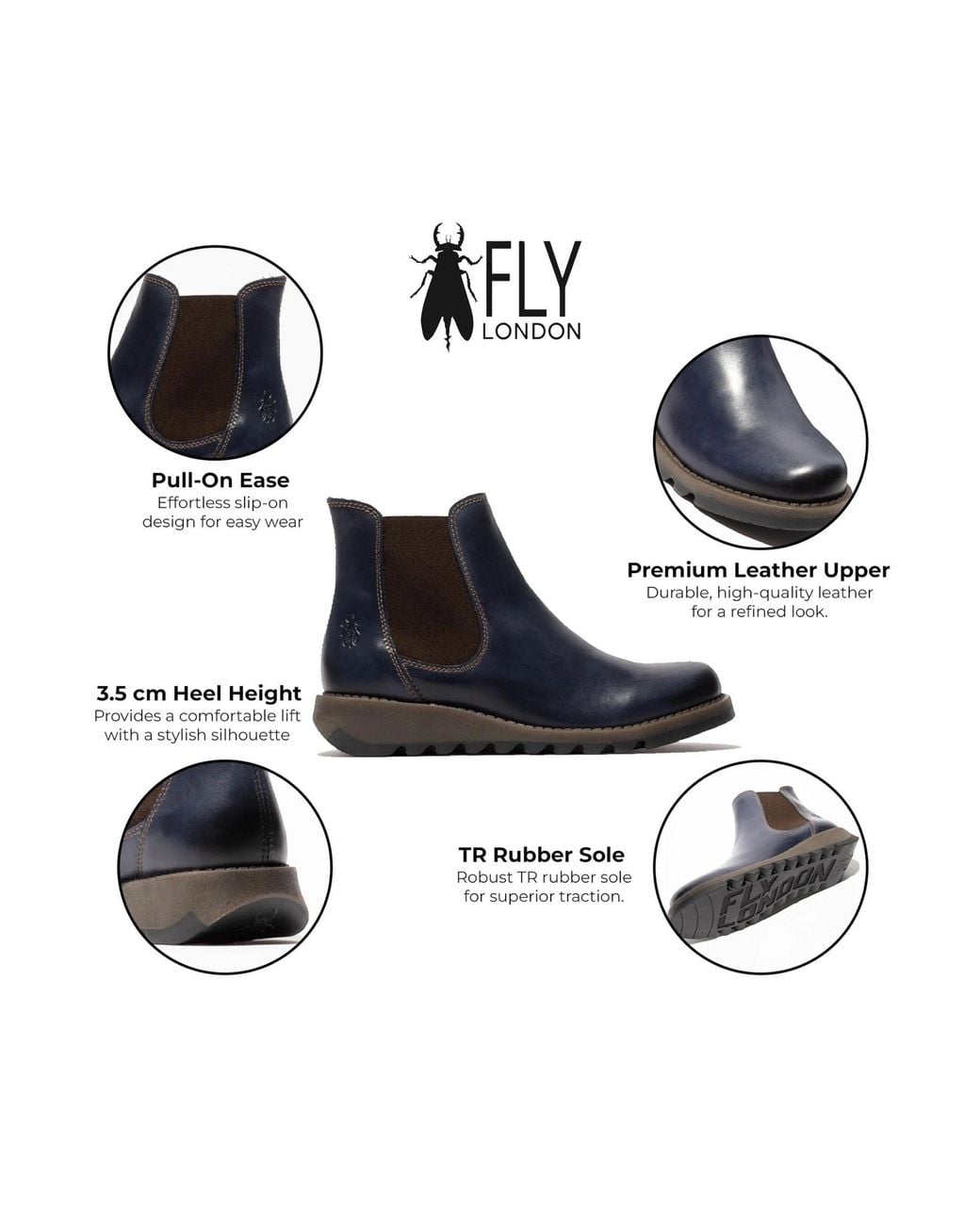 Infinity Leather Blue Fly London Salv Chelsea Leather Ankle Casual Wedge Heel Boots