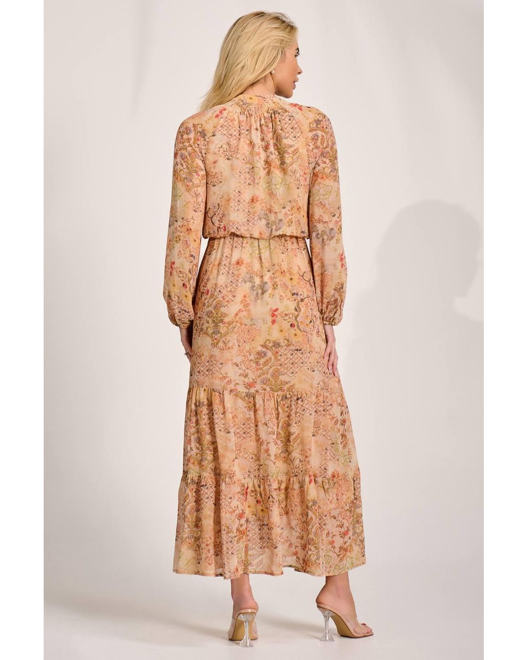 Jolie Moi Orange Chiffon Long Sleeve Tiered Maxi Dress