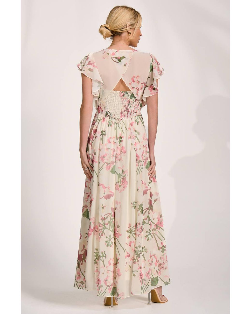 Jolie Moi Natural Ruffle Printed Chiffon Maxi Dress