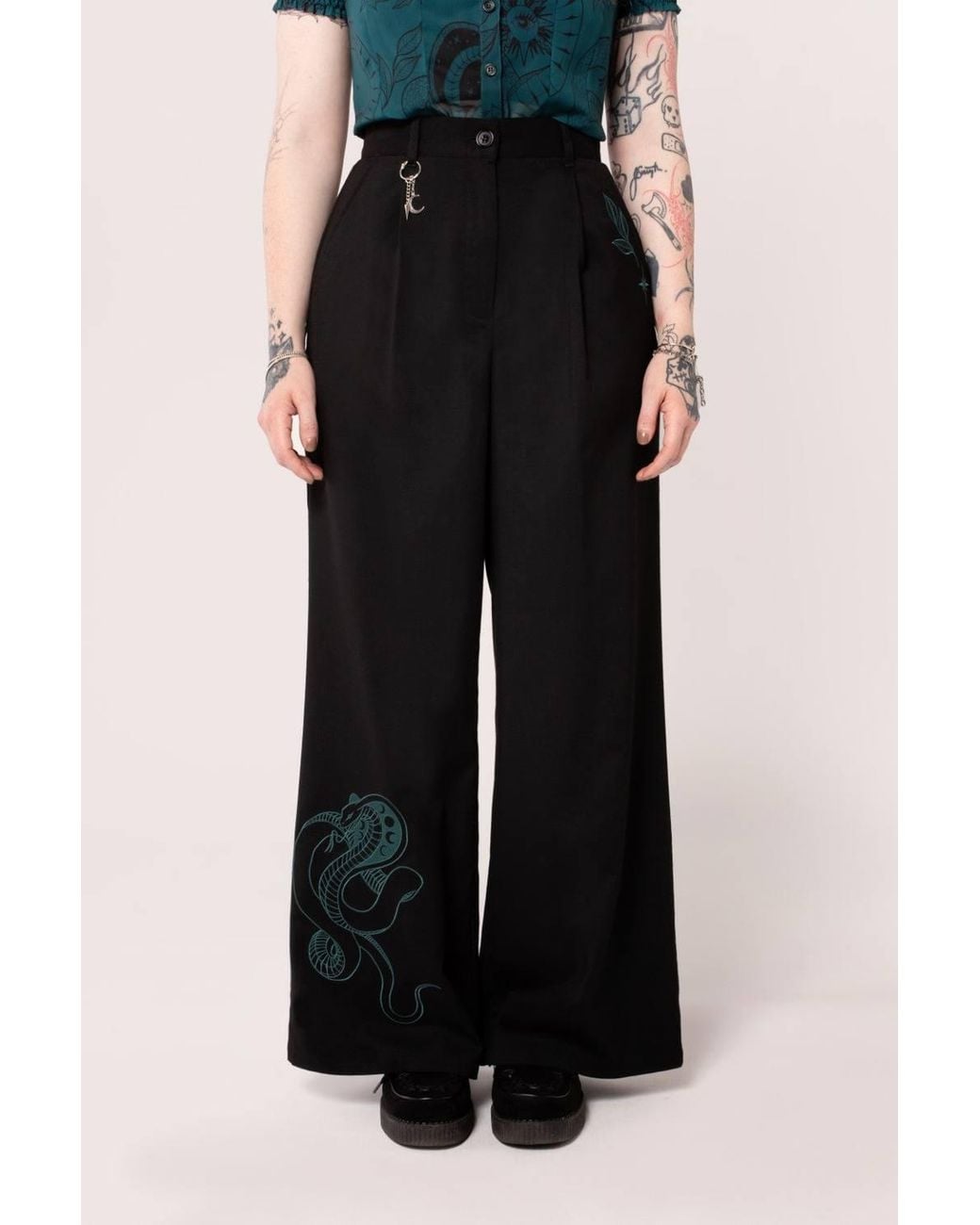 Hell Bunny Blue Venom High Waist Wide Leg Trousers With Snake Embroidery Chain Detail