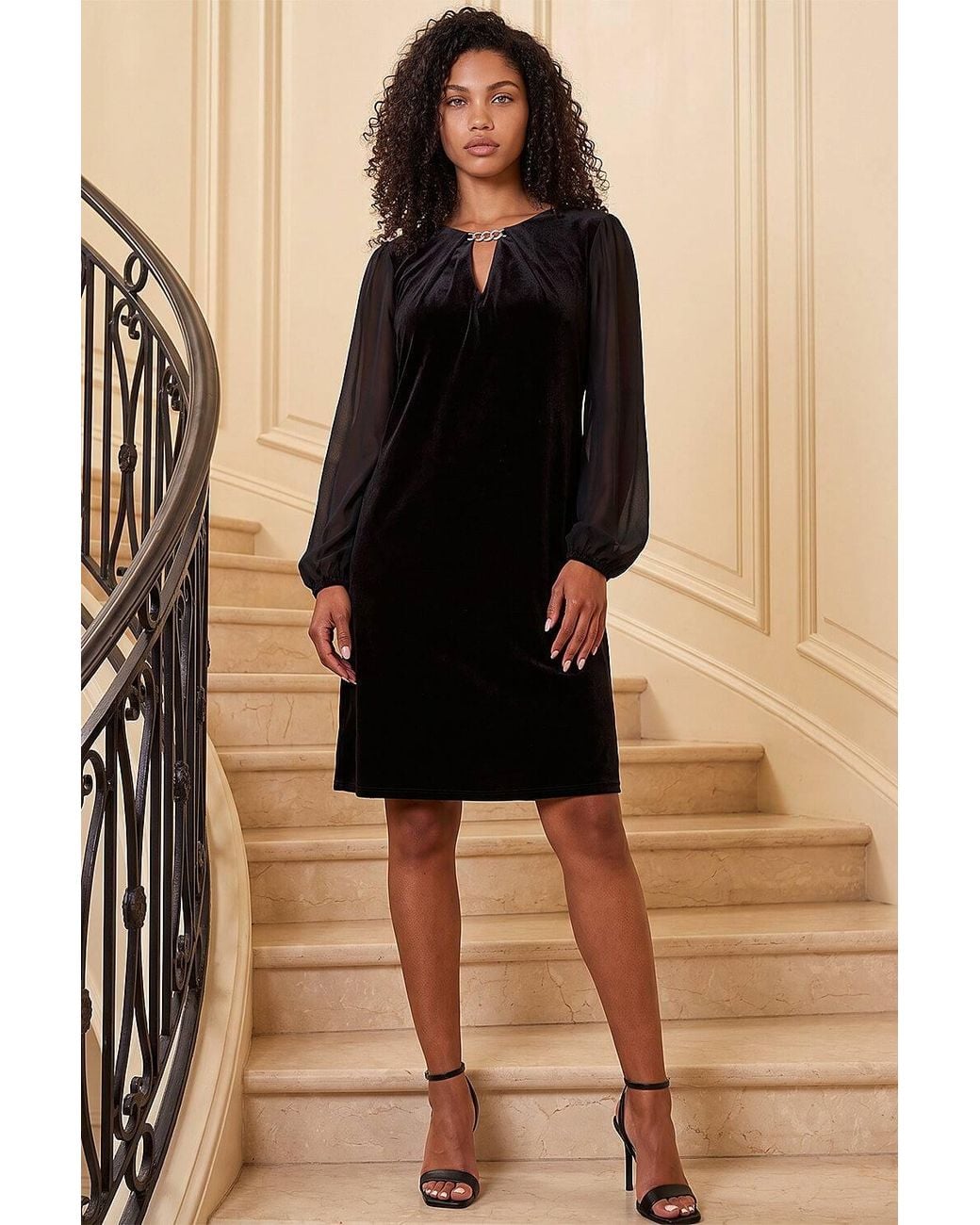 Roman Black Petite Contrast Sleeve Velvet Dress