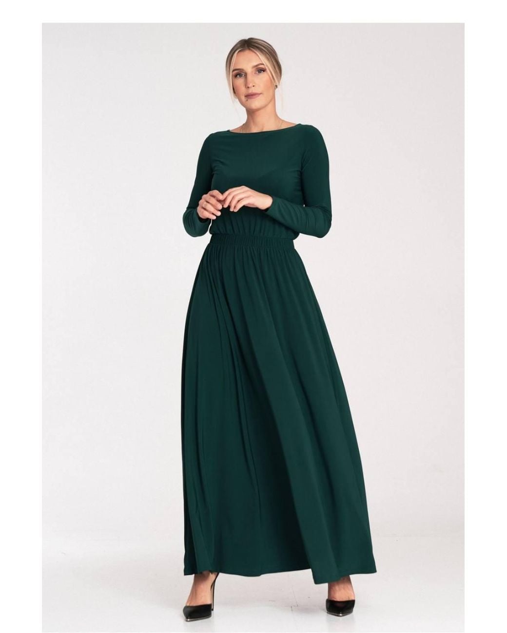 Love Lace Green Boat Neck Long Sleeve Minimal Maxi Dress